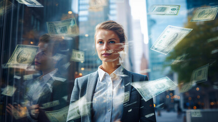 Blurred double exposure of businesswoman with dollar banknotes on glass wall in office building. - obrazy, fototapety, plakaty