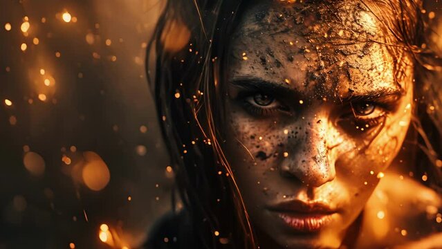 The warriors face is illuminated by the sparks around her, her features appearing almost otherworldly. Her determined expression and fierce gaze make it clear that she is a formidable force