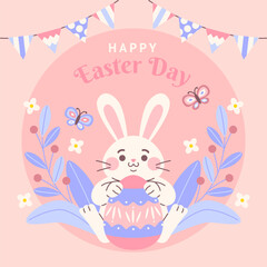 Happy Easter greeting card with cute bunny and egg. Vector illustration.