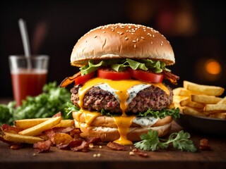 Bacon cheeseburger with fries in cinematic, studio lighting and background, food photography 