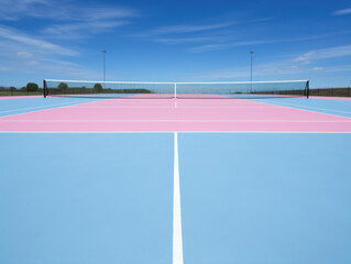 Empty pickleball court with bright pink and blue playing surface.
