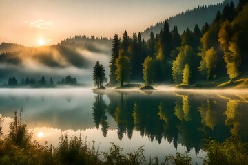 Misty morning scene of Lacu Rosu lake. Foggy summer sunrise in Harghita County, Romania, Europe. Beauty of nature concept background. 