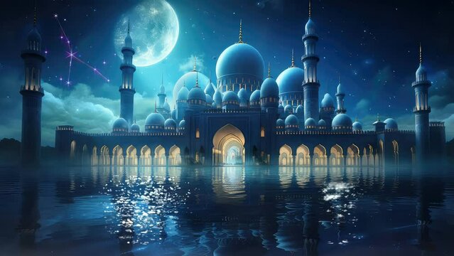 Animation magnificent mosque building with a large pool seamless 4k video background. generated with ai