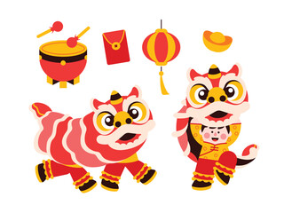 Lion dance, chinese new year elements in modern minimalist geometric style. Colorful illustration in flat vector cartoon style. Cute chinese lion costume on white isolated background. Lantern, gold