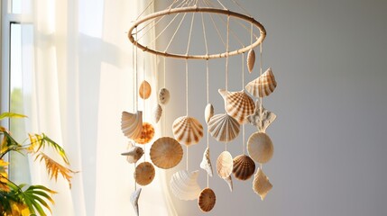 a sand and seashell mobile, gently swaying in the breeze, bringing a touch of beachside tranquility and natural beauty to any indoor space. - obrazy, fototapety, plakaty