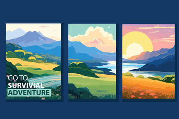 set of posters or flyers for adventure, traveling and walking in the forest and nature.