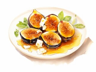 Delicious Caramelized Figs with Goat Cheese and Honey on White Background AI Generated
