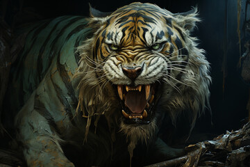 Close-up view of a tiger with an evil grin and jungle, explosive wildlife