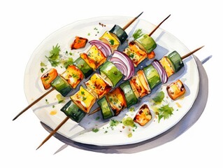 Delicious Grilled Vegetable Kebabs with Tzatziki Sauce on White Background AI Generated