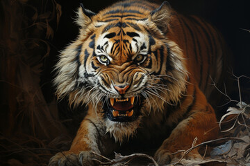 Close-up view of a tiger with an evil grin and jungle, explosive wildlife