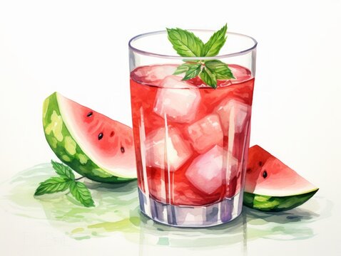 Refreshing Glass of Watermelon and Basil Infused Water on White Background AI Generated