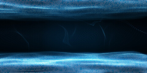Blue particle wave design on a dark digital background, representing modern virtual technology. 3D Rendering