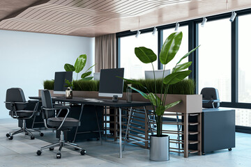 Modern concrete and wooden office interior with furniture and daylight, window and city view. 3D Rendering.