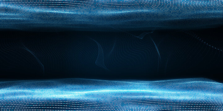 Blue particle wave design on a dark digital background, representing modern virtual technology. 3D Rendering