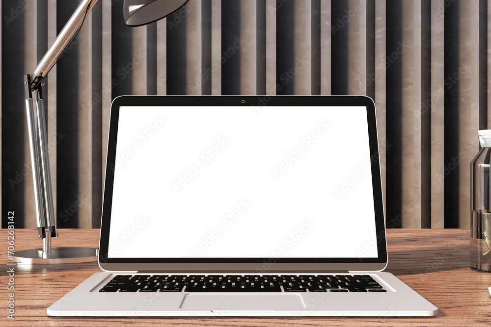 Poster laptop with desk lamp on wooden table against a striped curtain, productive workspace. 3d rendering