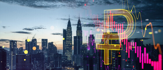 Abstract falling forex chart arrow and ruble icon on blurry wide night city background. Financial...