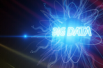 Abstract big data visualization with electric blue light streams on a dynamic background. Data science concept. 3D Rendering