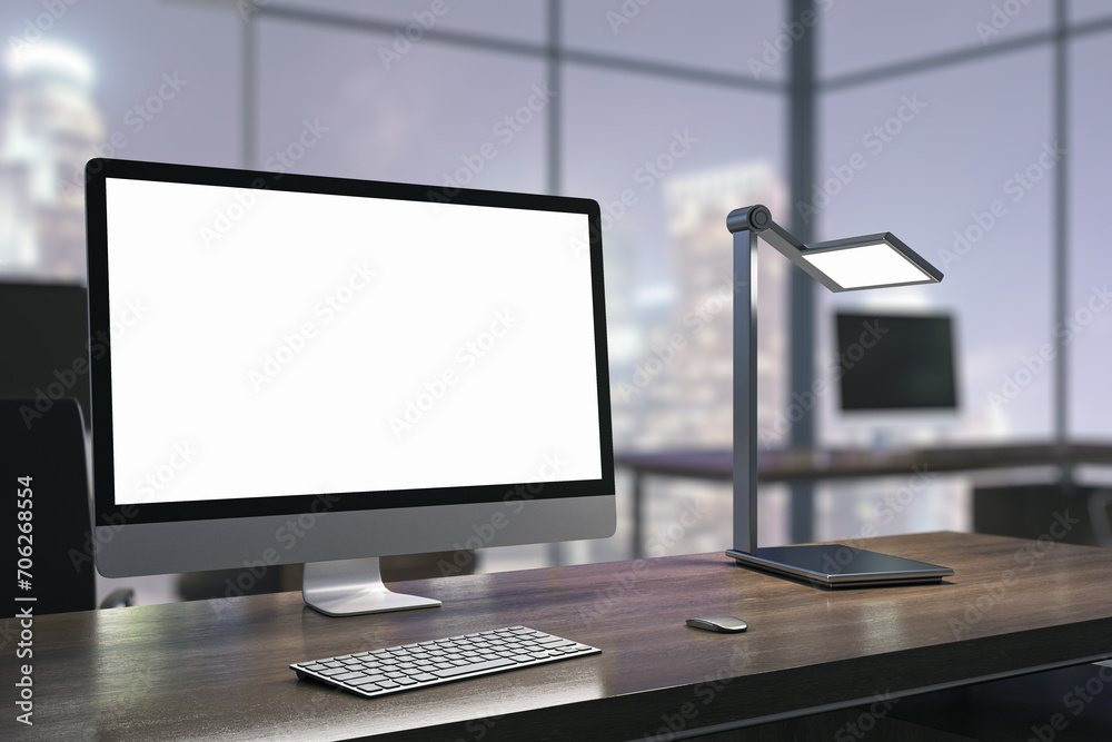 Poster modern designer desktop with white computer monitor, coffee cup, supplies, other objects and window 