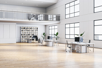 Modern two floors wooden and concrete office interior with windows and city view. 3D Rendering.