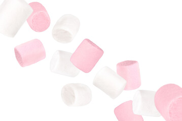 Levitation of white and pink marshmallows isolated on a transparent background. - obrazy, fototapety, plakaty