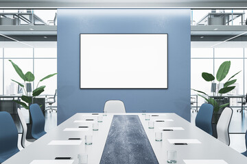 Modern blue, concrete and glass meeting room interior with empty white mock up banner, furniture and partitions. Workplace concept. 3D Rendering.