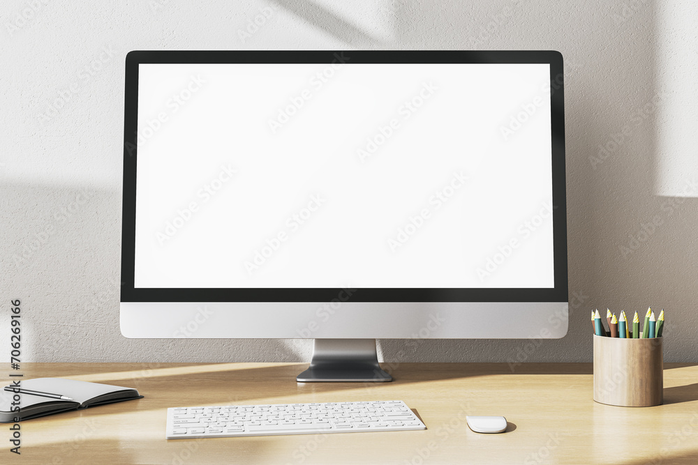 Poster Modern designer office desktop with empty white mock up computer monitor, supplies and other items. 3D Rendering.