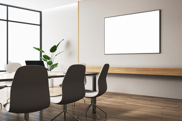 Modern conference room interior with empty white mock up poster on wall, wooden flooring, negotiations furniture and panoramic window with city view. 3D Rendering.