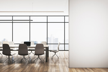 Modern conference room interior with empty mock up place on wall, wooden flooring, negotiations furniture and panoramic window with city view. 3D Rendering.