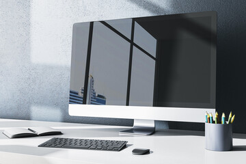 Contemporary designer office desktop with computer monitor and reflections, supplies and other items. 3D Rendering. - obrazy, fototapety, plakaty