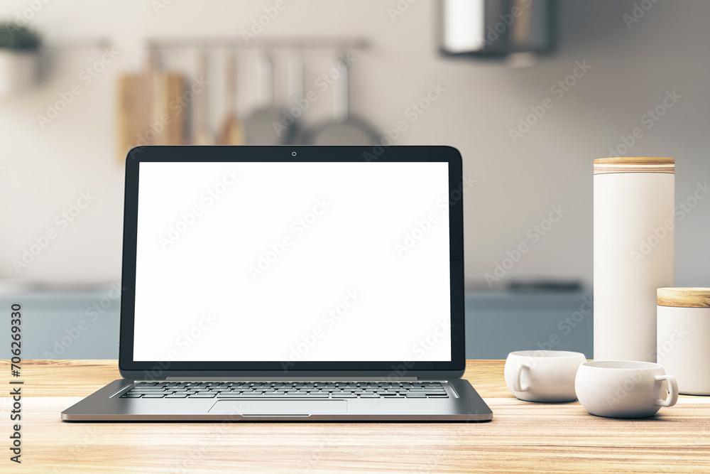 Poster laptop with empty screen on wooden tabletop, kitchen background. 3d rendering