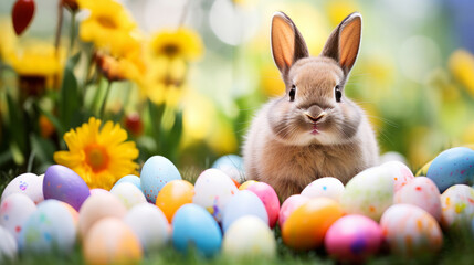 Fototapeta na wymiar A cute bunny rabbit sitting in a meadow surrounded by Easter eggs