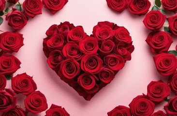 Red roses are laid out in the shape of a heart. Symbol of Love, Greeting Card, Valentine's Day, February 14