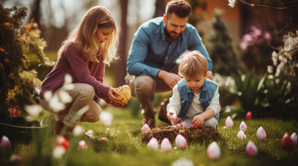 A family having an outdoor Easter egg hunt in their garden