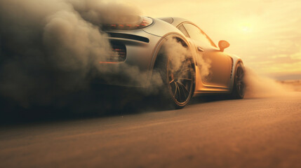 A luxury sports car races on a road, emitting a cloud of dust against a sunset backdrop.