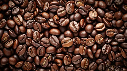 Foto auf Leinwand roasted fresh brown coffee beans background, top view, International Coffee Day © graphicbeezstock