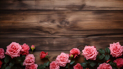 Valentine background of red roses on wood. space for copy, generative ai