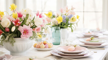 Fototapeta na wymiar Easter table setting with lavish spring flower bouquets