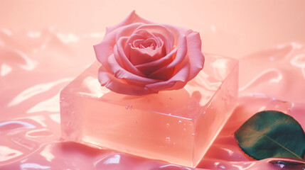 Soap with rose on pink background