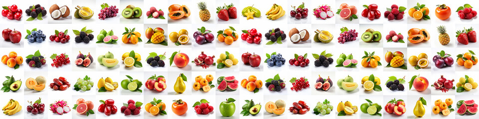 Panorama of many fresh fruits on white backgrounds