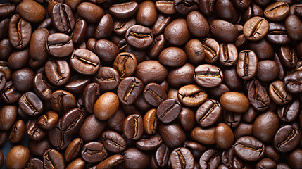 roasted fresh brown coffee beans background, top view, International Coffee Day