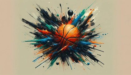 Modern artwork depicting an orange basketball colliding with black, blue, and green colors, splattering across the canvas - obrazy, fototapety, plakaty