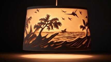 a sand-made lampshade, intricately crafted with coastal motifs, casting a soft and relaxing glow, perfect for creating a serene ambiance in home spaces.