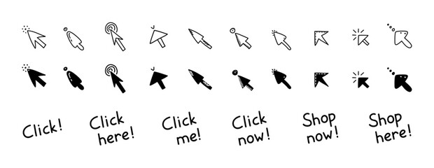 Doodle click here button set. Different mouse cursors with lettering for website or computer application, hand drawn vector arrow pointer