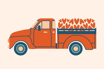 Red pickup truck with hearts. Special delivery of love. Banner, card for a Saint Valentine Day. Vector illustration in flat style. Cute clip art with car, vehicle, transport to romantic holidays. © renberrry