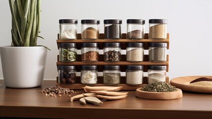 a sand-made spice rack, showcasing small jars of spices neatly organized on a textured surface, blending practicality with beach-inspired aesthetics in kitchen decor.