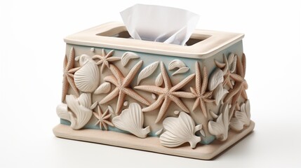 a sand-made tissue box cover, adorned with seashells and starfish, adding a touch of beach-inspired charm to living rooms, bedrooms, or bathrooms.