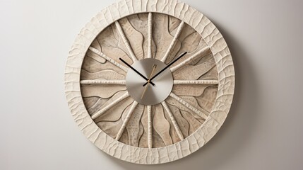 a sand-textured wall clock, with a weathered finish and beach-inspired accents, combining functionality and coastal charm in one elegant piece.