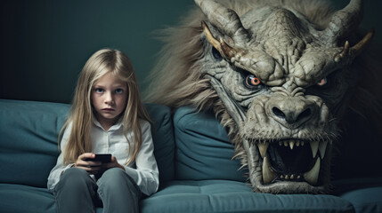 A young girl engrossed in her smartphone is unaware of the menacing monster sneaking up behind her on the couch.