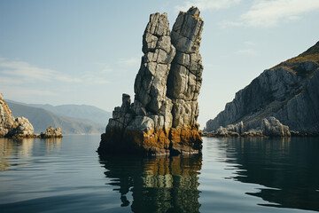 Featuring an interesting single rock formation that rises directly from the calm waters. The shape is unique and the texture of the rock is rough