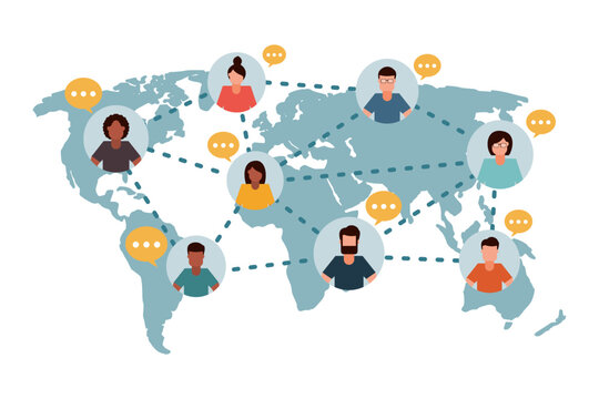 Global communication concept of young people online. Multicultural social networks are sending messages to each other. Flat men and women on the world map. Vector illustration flat design style